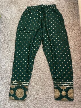 Green Straight-Leg Pants with Gold Medallion Print